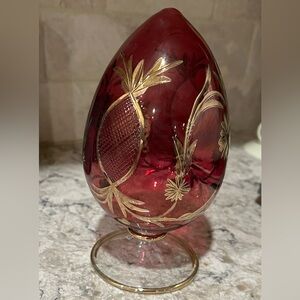 Vintage Hand Blown Glass Etched Egg with Gold Gilded Accents